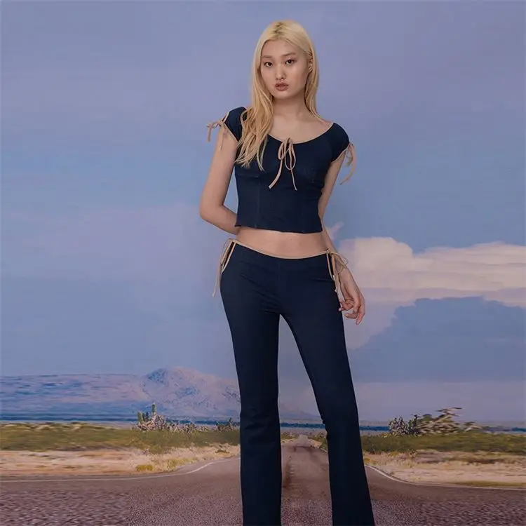 
Hot sales Women Sexy Spaghetti Strap Hollow Out Crop Top Ladies Two Piece Stacked Pants Set With Chain 