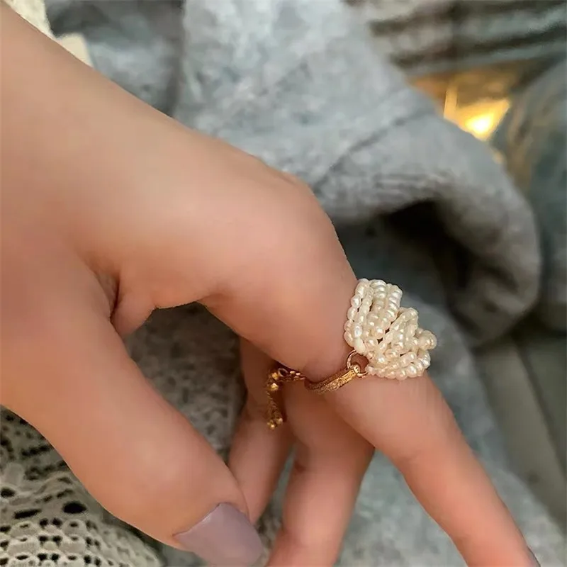 high quality women female personalized minimalist real seed beads baroque pearl ring gold multi layer layered pearl ring