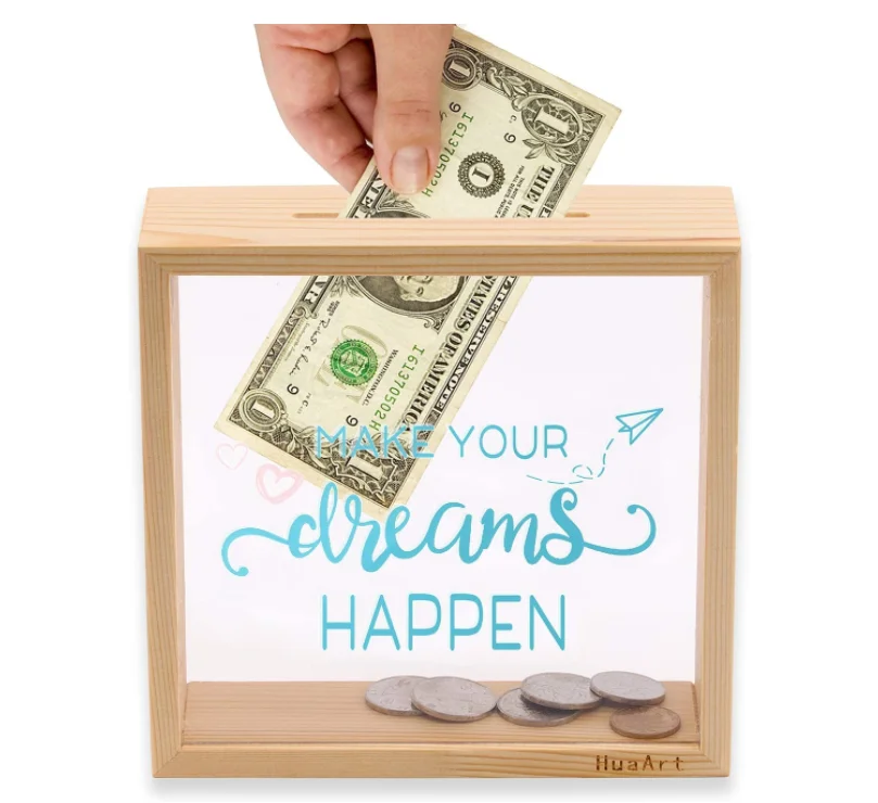 Banknotes coin piggy bank wood frame shadow box with plexiglass front