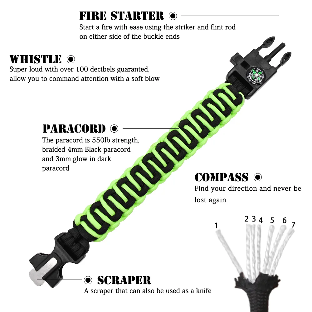 Camping Emergency Whistle fire starter  Parachute Cord Bracelet Glow in the Dark 550 Paracord Survival Bracelet