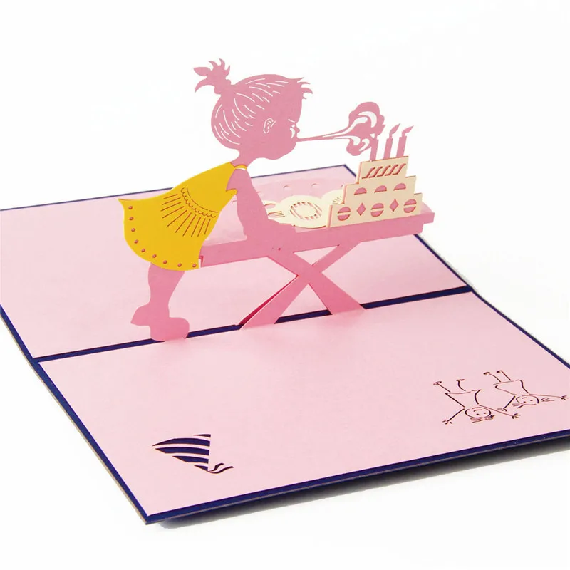 Оптовая продажа креативная розовая детская бумага ручной работы с цветной печатью 3d всплывающее приглашение поздравительная открытка на день рождения для ребенка