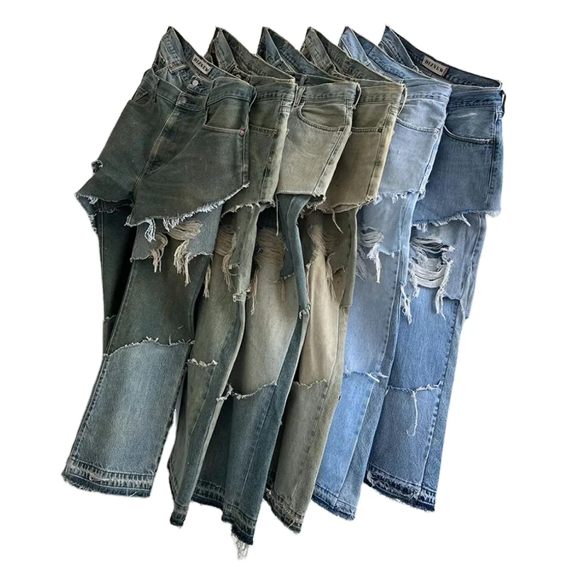 DiZNEW jean Bulk wholesale cut and sew ripped blank men straight leg jeans pants 100% cotton