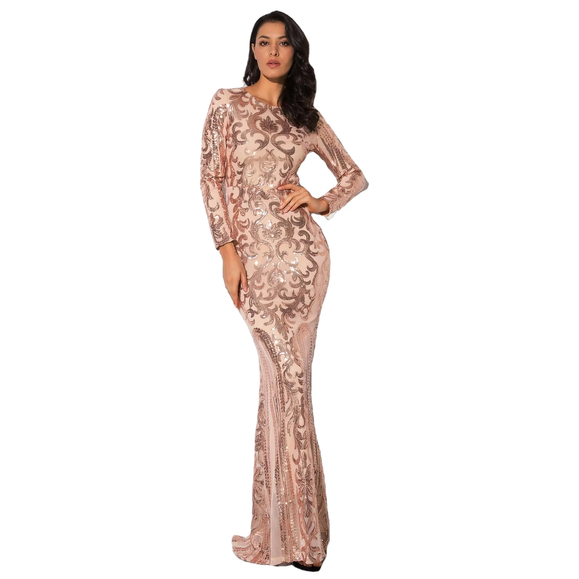 
NEW Gold Black Burgundy O Neck Full Lining Formal Dress Long Sleeve Stretch Sequin Party Evening Dress 