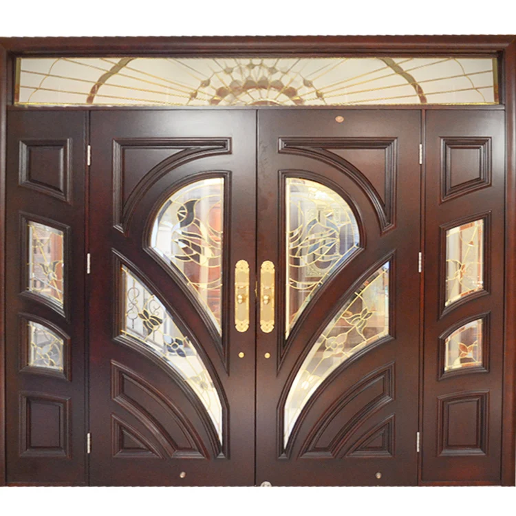 Home Apartment Main Entry Wood Doors Design Exterior Veneer Solid Wooden Front Entrance Door with Transom