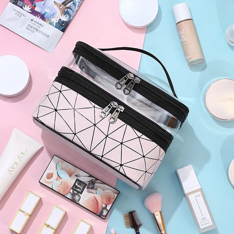 pink clear PVC double layer makeup pouch custom logo transparent wash travel women cosmetic bag