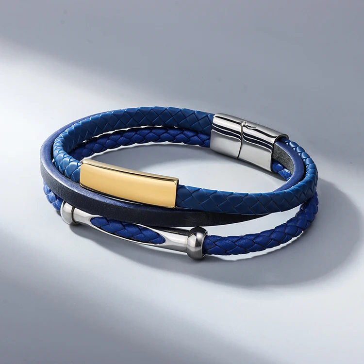 Braided Leather Bracelets Male Custom Logo Wrap Genuine Leather Bracelet for Men Personalized