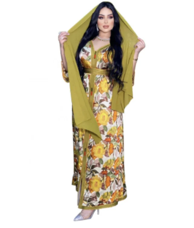 Floral Ethnic Clothing Ribbon Maxi Dress Women Muslim Hijab Long Sleeve Loose Arabic Luxury Abaya Dubai Islam Moroccan Kaftan