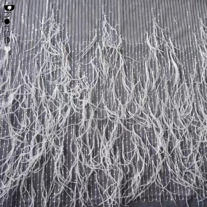 Luxury hand made ostrich feather tulle lace fabric with sequin embroidery for formal dress