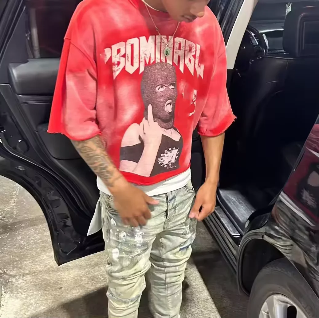 Custom Streetwear Men Heavyweight Cotton Vintage Acid Wash Sun Faded Raw Hem T Shirt Graphic Print Boxy Fit Cropped T Shirt