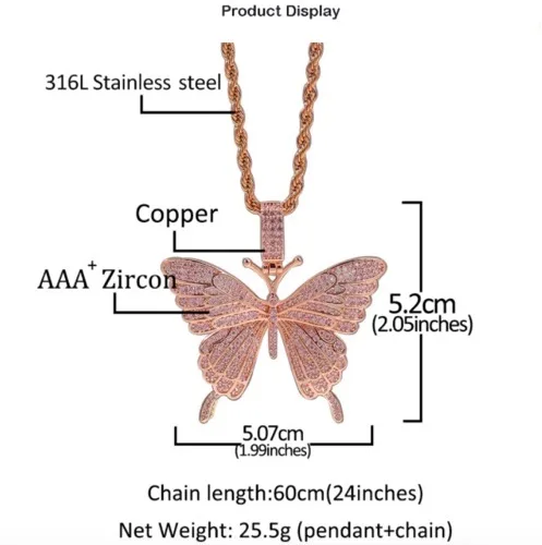 Pink color Small Cute Fine lovely butterfly necklace jewelry gift for girl hip hop iced out pink butterfly necklace