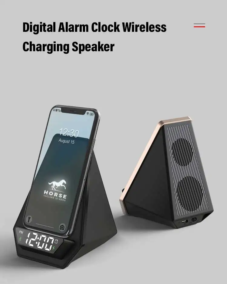 Electronic Gadgets Smart Alarm Clock Speaker Stand Custom Led Logo Portable 15W Wireless Charger Speaker