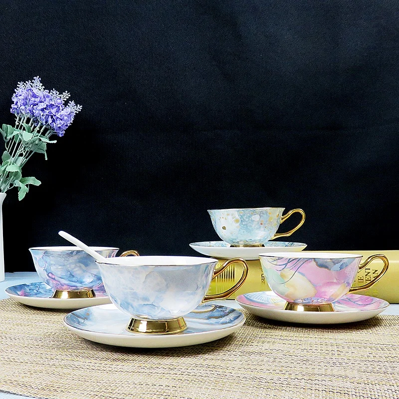 2021 luxury  new design coffee  and tea cup  luxury tangshan bone chinaware white tea coffee cup and saucer set
