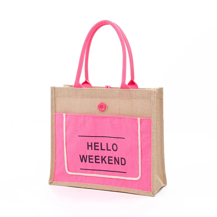Personalized Pink Women Waterproof Burlap Gunny Tote Bags Reusable Grocery Shopping Jute Bag With Handle