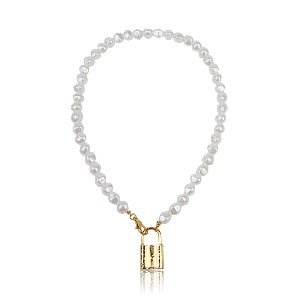 Double Layers Delicate Metal Gold Plated Chain And Pearl Lock Pendant Necklace