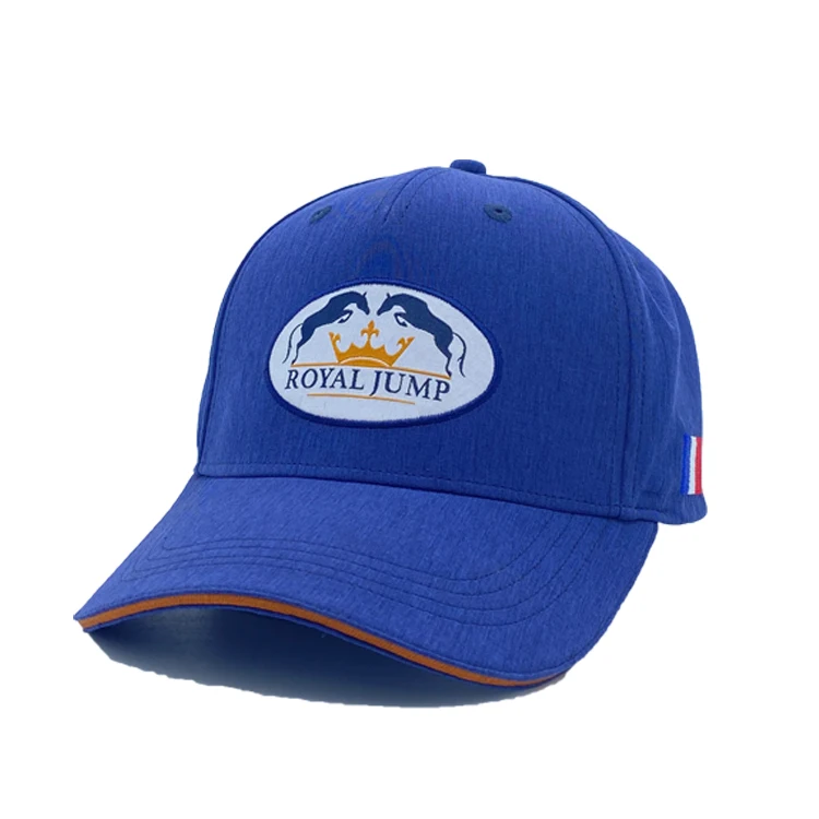 Promotional Custom Logo Patch Flag Embroidery Contrasting Color Sandwich Curved Visor Buckle at Back Blue Cotton Sports Cap
