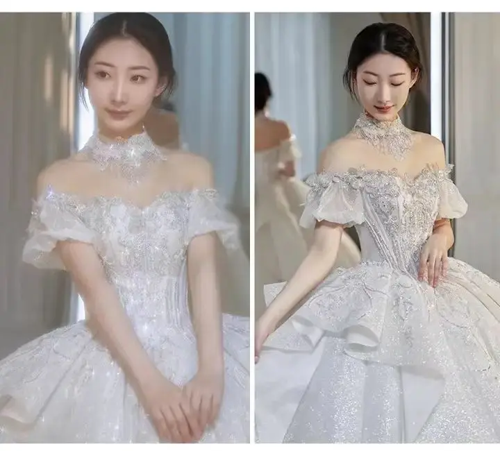 2024 new bride French style trailing off-shoulder starry sky fleeing super fairy princess summer