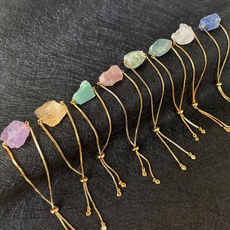 NUORO Fashion Women Jewelry Raw Crystal Fluorite Quartz Amethysts Labradorite Stone Nugget Bead Gold Chains Adjustable Bracelet