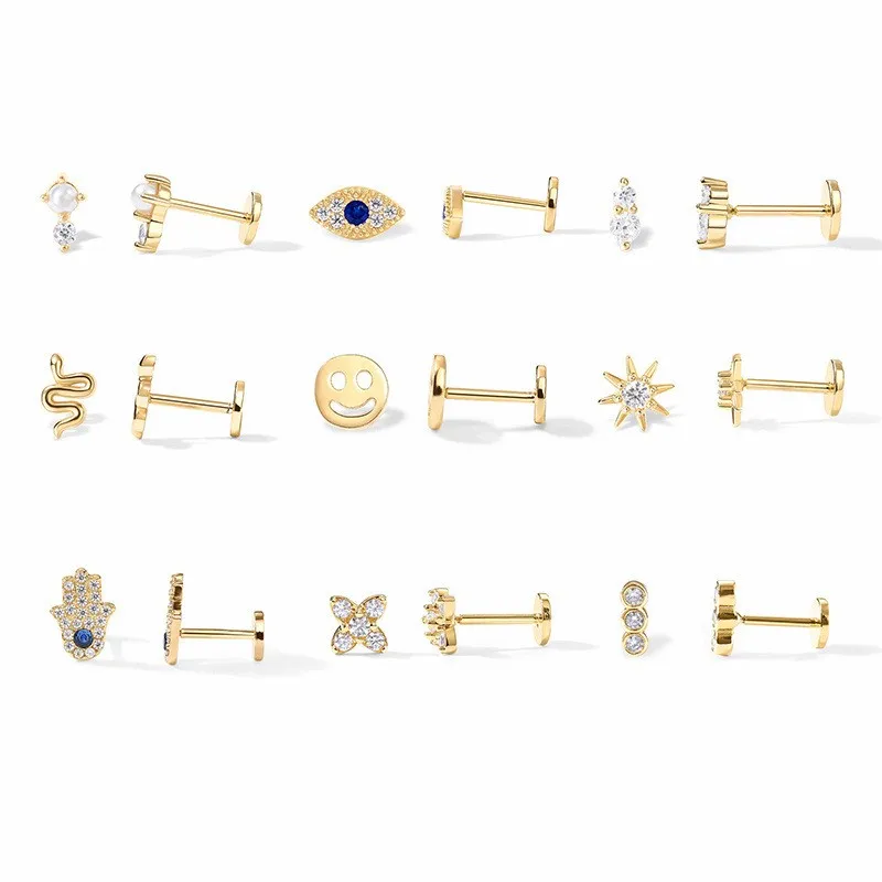 Fashion 925 Sterling Silver Inlaid Zircon Devil Eye Flat Screw Back Stud Cartilage Piercing Earrings for Jewelry Accessories