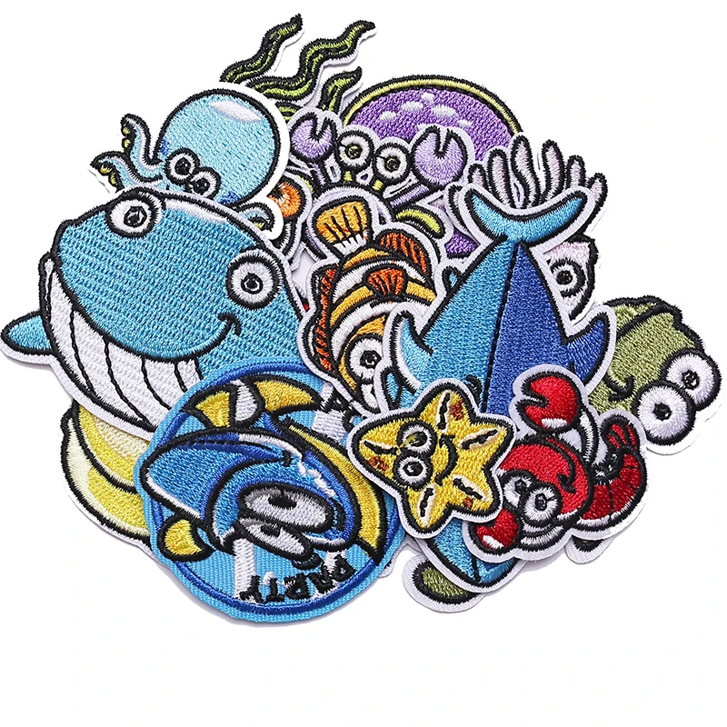 High Quality Embroidery Heat Press Badge Clothing Woven Fabric Custom Sea Animals Embroidery Patch Iron On Patch Applique