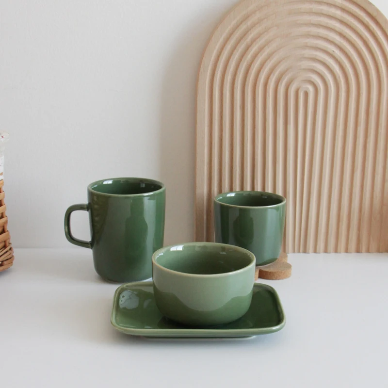 Wholesale Custom Tableware Ceramic Microwave  Dinner Dish Plate Cup Set Green Dinnerware