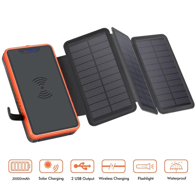 Солнечное зарядное устройство с двумя портами USB Power Bank 20000 мАч водонепроницаемый аккумулятор Внешняя портативная солнечная панель со светодиодной