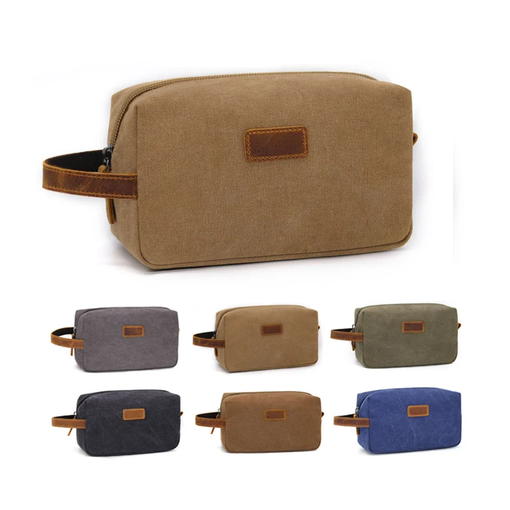 Wholesale Custom Logo Mens Vintage Canvas PU Leather Travel Toiletry Bag For Men