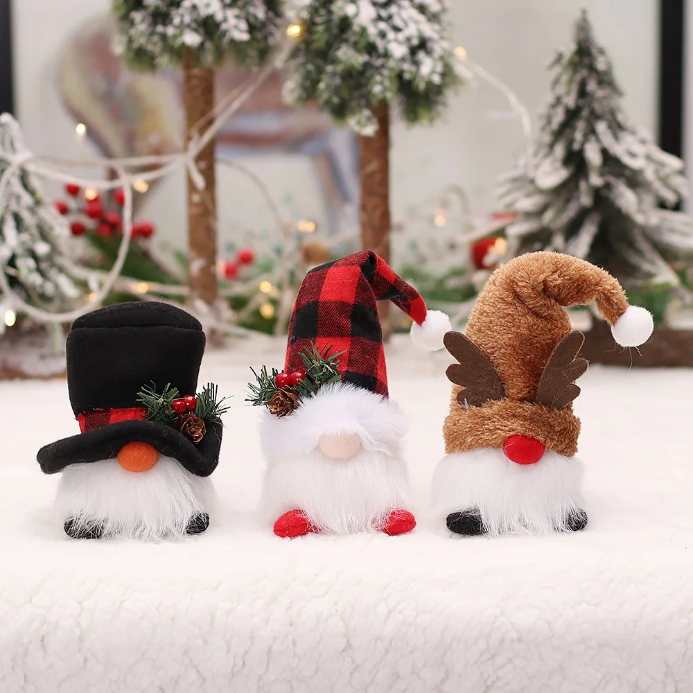 New Luminescent Christmas Buffalo Plaid Top Hat Elk Lighted Gnomes  Christmas Tree Hanging Pendant Plush Dolls Dwarf Ornaments