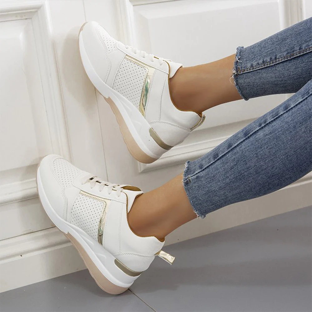 Summer new thick sole wedge heel casual shoes lace-up mesh sports shoes One-foot Loafers White Sneaker Woman