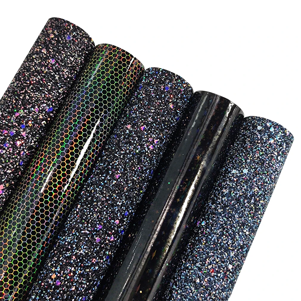 A4/Set Black Faux Leather Sheets Holographic Crocodile Dots Textured Synthetic PU Leather for Leather Bows Earrings Making