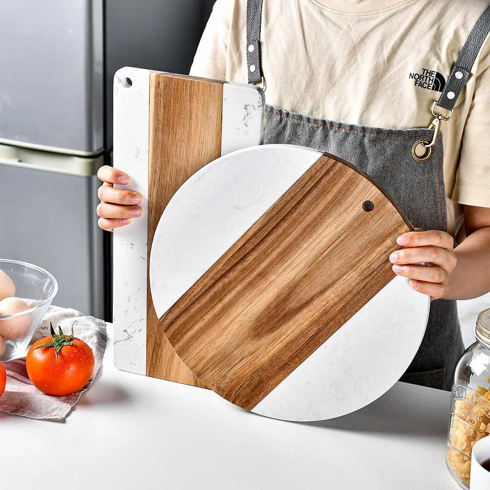 Wholesale Marble Stitching Acacia Wood Double-Sided Cutting Board round Steak Beef Fruit Bread Cheese Board
