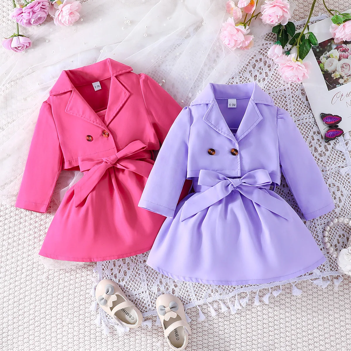 31539 2023 New Arrival Toddler Girls Clothing Sets Sleeveless One-piece Girls Dresses+lapel Coat Solid Children Outfits Clothes