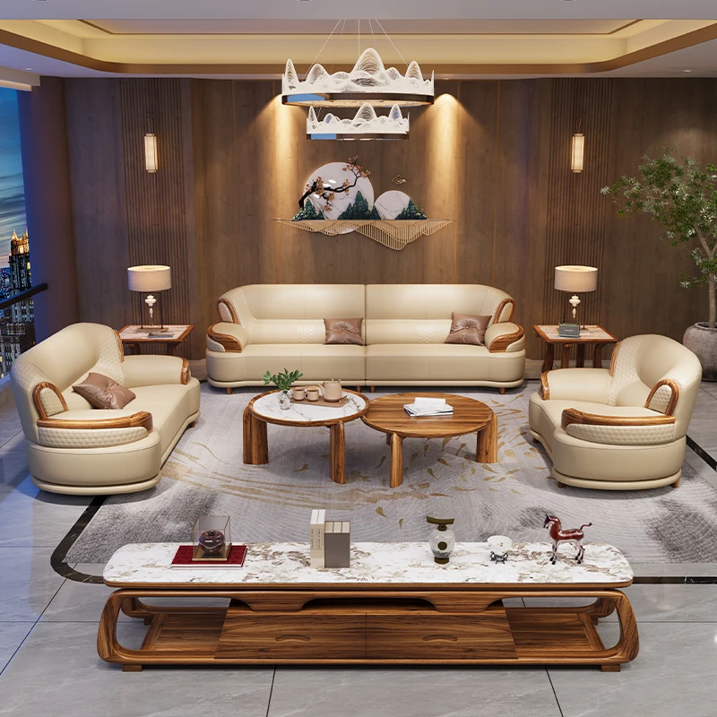 High Quality American Design Luxury Modern Upholstered Gray Leather Sofa Solid Brown Wood Living Room Set with Leisure Feature