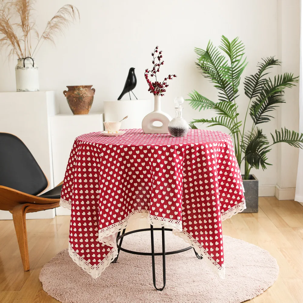Japanese style small fresh love table cloth cotton and linen lace rectangle coffee table mahjong table round