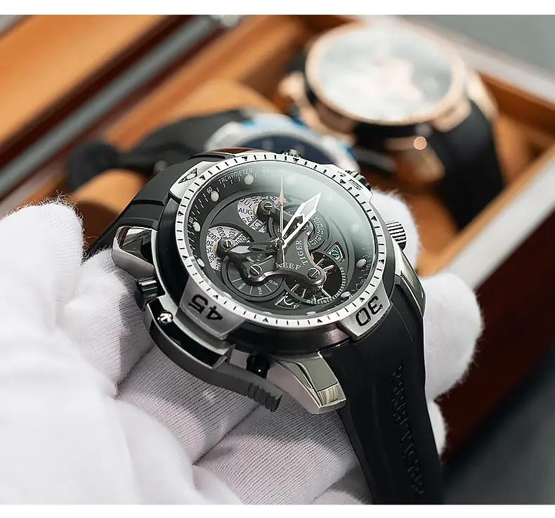 Reef Tiger RGA3503 2024 Watch Rubber Automatic Calendar Date Day Complicated Black Dial Mechanical Bracelet tiger reef watches