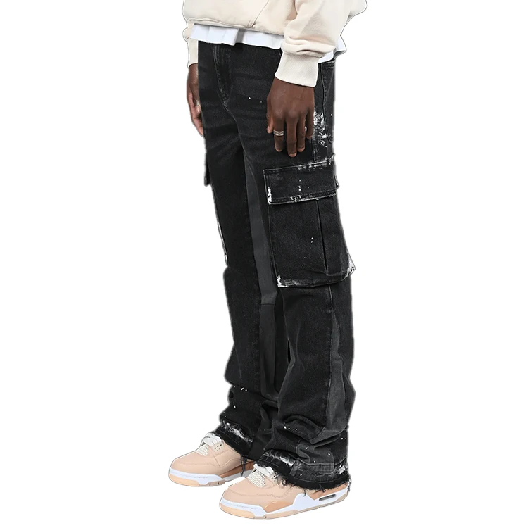 Wholesale custom straight baggy flare jeans men Paint splash hip hop street wear jeans patch fashion denim cargo pants men