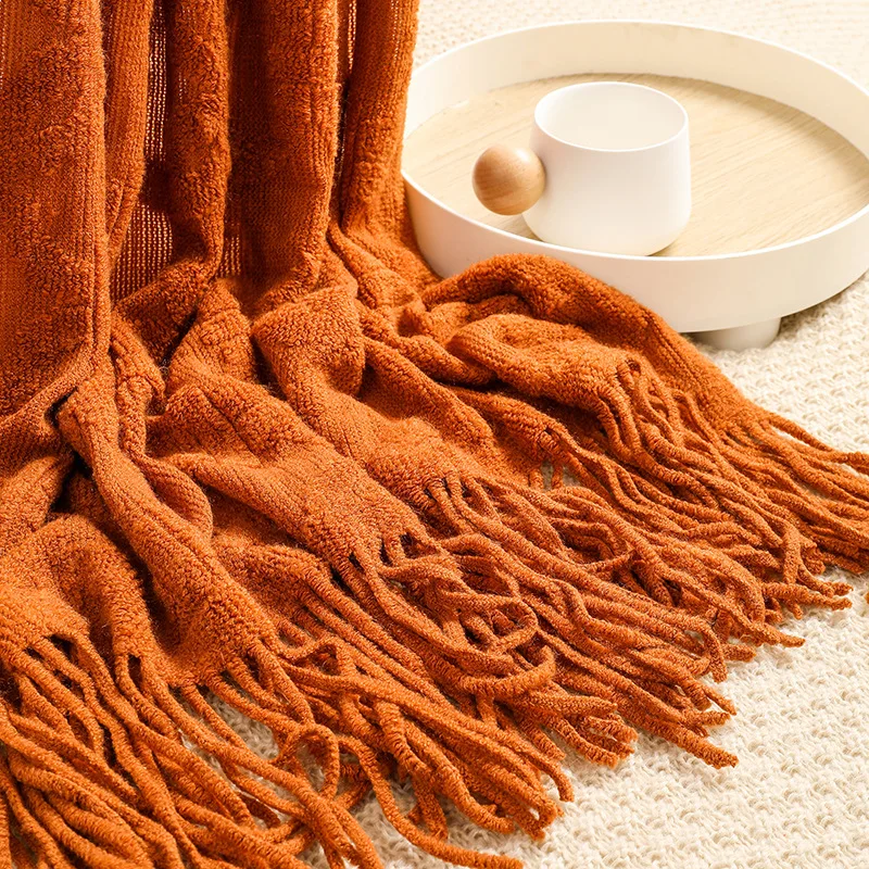 American Style Solid Color Acrylic Jacquard Throw Blanket With Tasseled Edge Soft Warm Decorative Knitting Blanket For Sofa