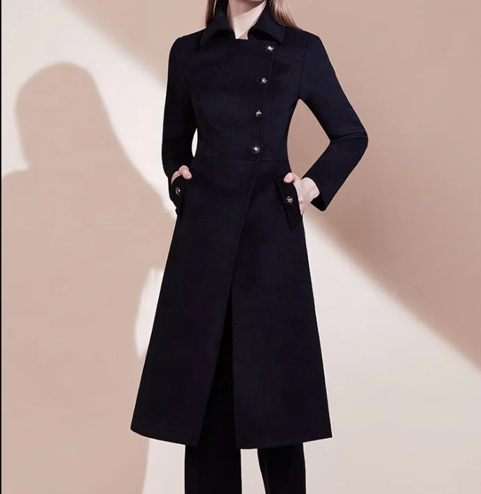 Classic Color Elegant Women Wool Warm Trench Jacket Lady Oversize Long Cashmere Coats Airline Work Uniform Winter Windbreaker