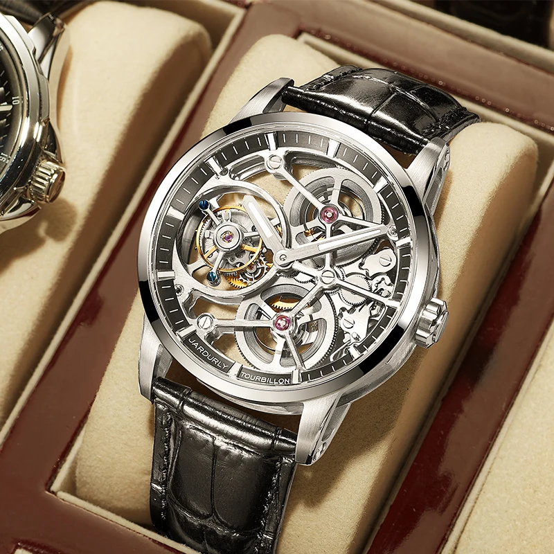 JINLERY Mechanical Men Watch with  Luminous Waterproof Skeleton Authentic Double Winding Tourbillon Wrist Watches For Man
