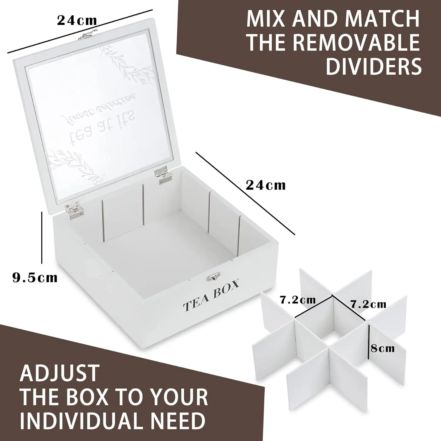Modern 9 Compartment Wooden Tea Bag Holder Container Tea Caddy Box Organizer with Glass Cover for Display