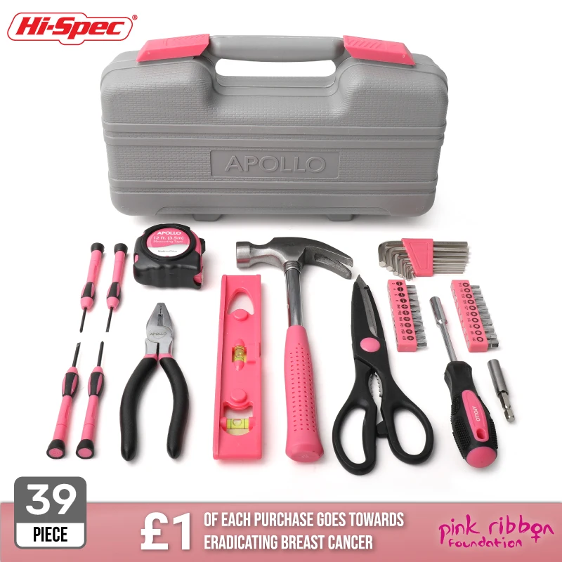 39pc Pink Home & Office DIY Tool Kit Set Complete Essential Household Hand Tools in a Compact Portable Tool Box. OEM ODM Ready