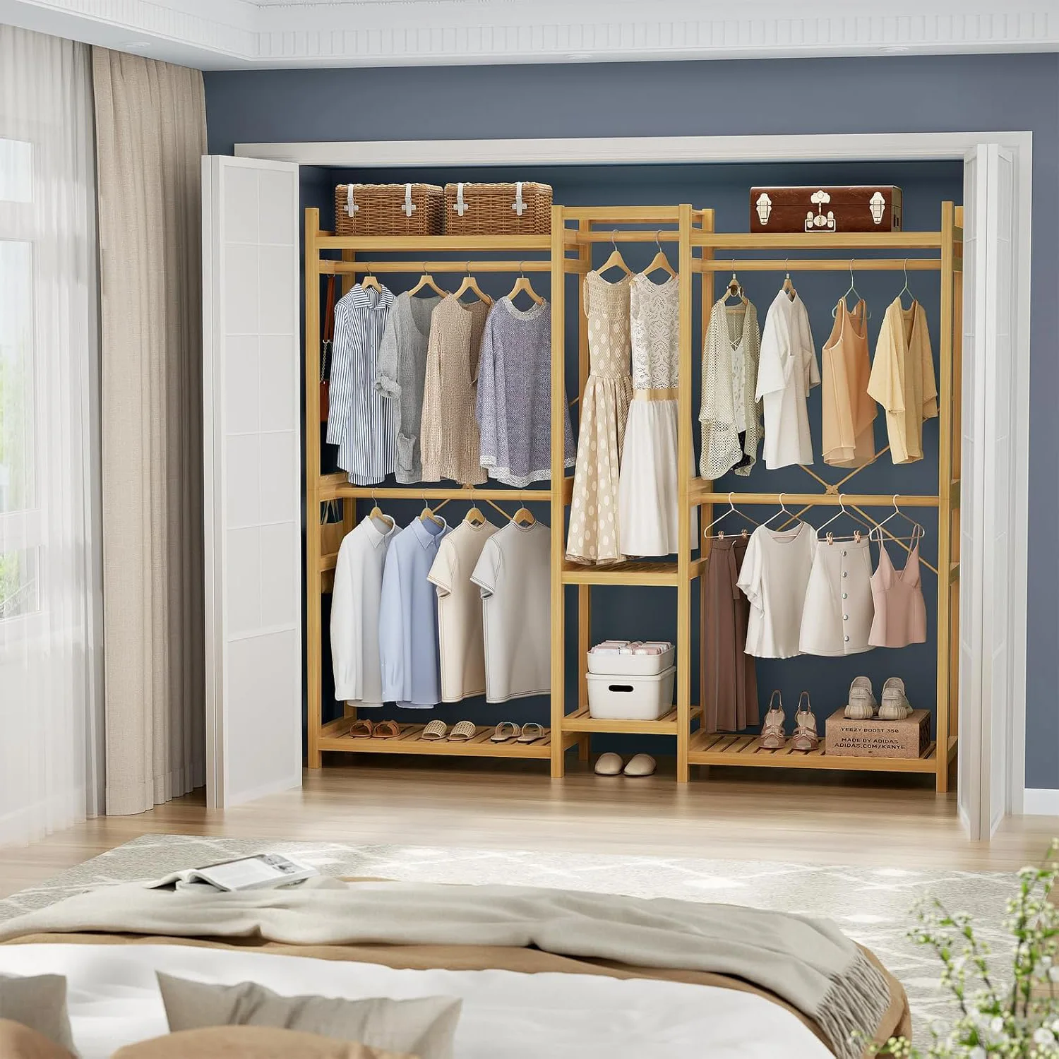 Bamboo Closet System Clothes Rack with 7 Storage Shelves and 5 Rods Large Freestanding Garment Rack Wooden Clothing Rack