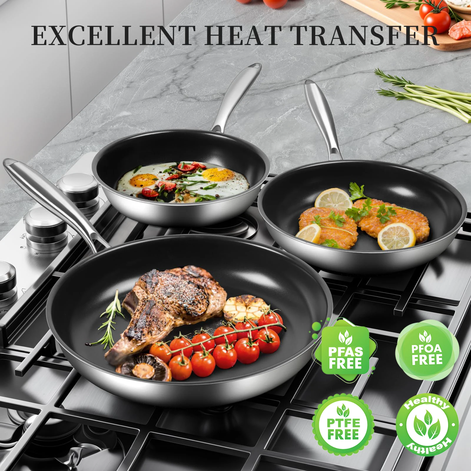 Kitchen Cookware Stainless Steel Ceramic Flat Frying Pan Kitchen Eco-friendly No Toxic Nonstick Saute Pans with Stay Cool Handle