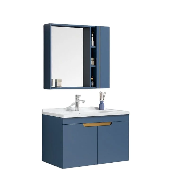 Small Size Simple Style Wall Mounted Blue Bathroom Vanity Cabinet with LED Mirror
