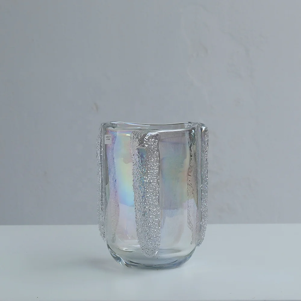 Bixuan Handblown Clear Glass Vase with Pearl Luster and Embossed Sprays Design Home Decor Table Centerpiece Thick Heavy Vases