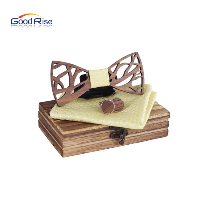 Wood Hollow Carved Cut Out Floral Gifts Wooden Bow Tie Set Mens Pocket Square Handmade