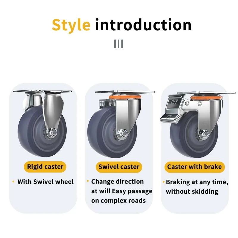 High quality fixed 3 4 5 inch TPR rubber caster wheel pp core grey tread castor with brake for trolley