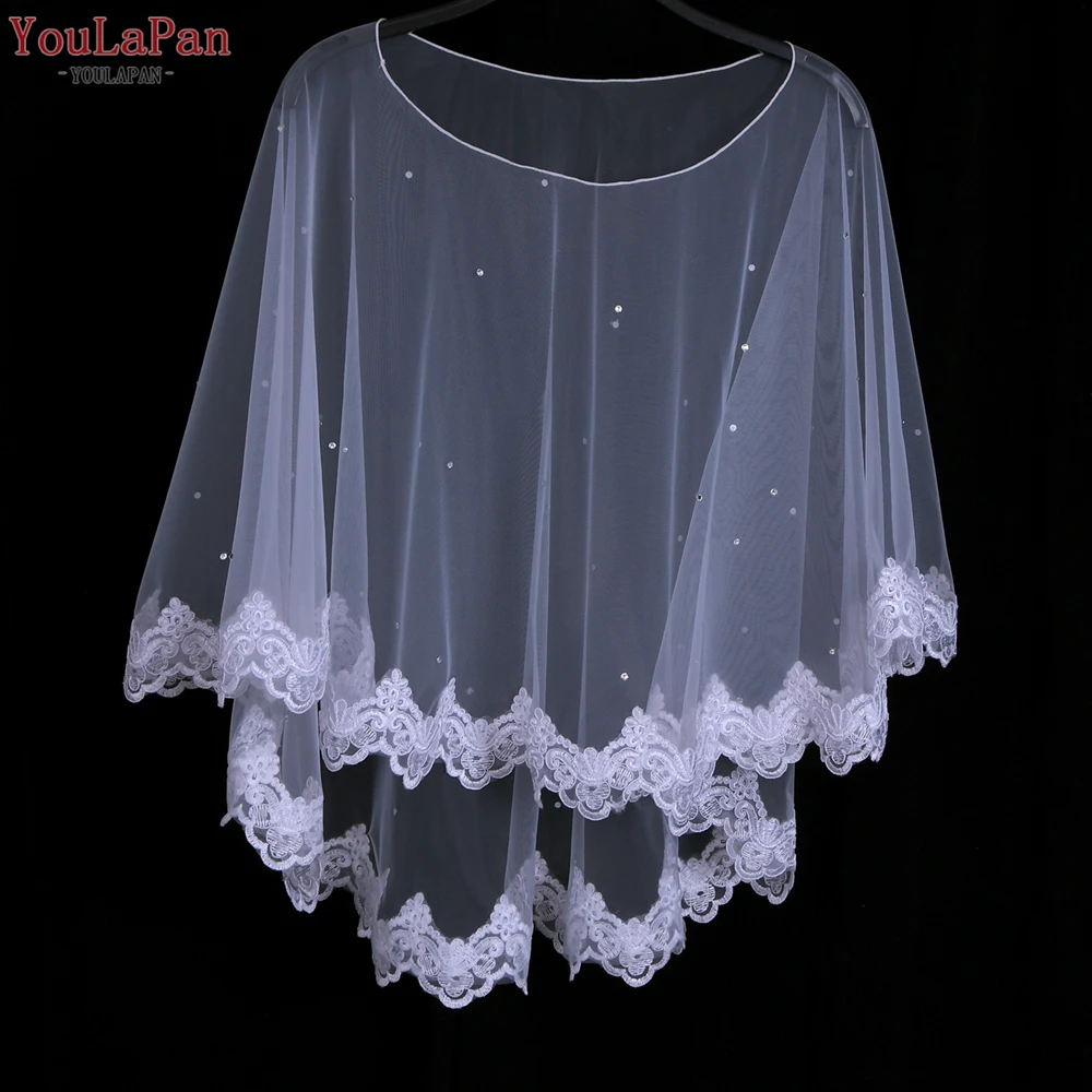 YouLaPan VG32 White Cropped Top Boat Neck Bolero Rhinestone Women Banquet Dress Cape Embroidered Applique Bridal Wedding Shawl
