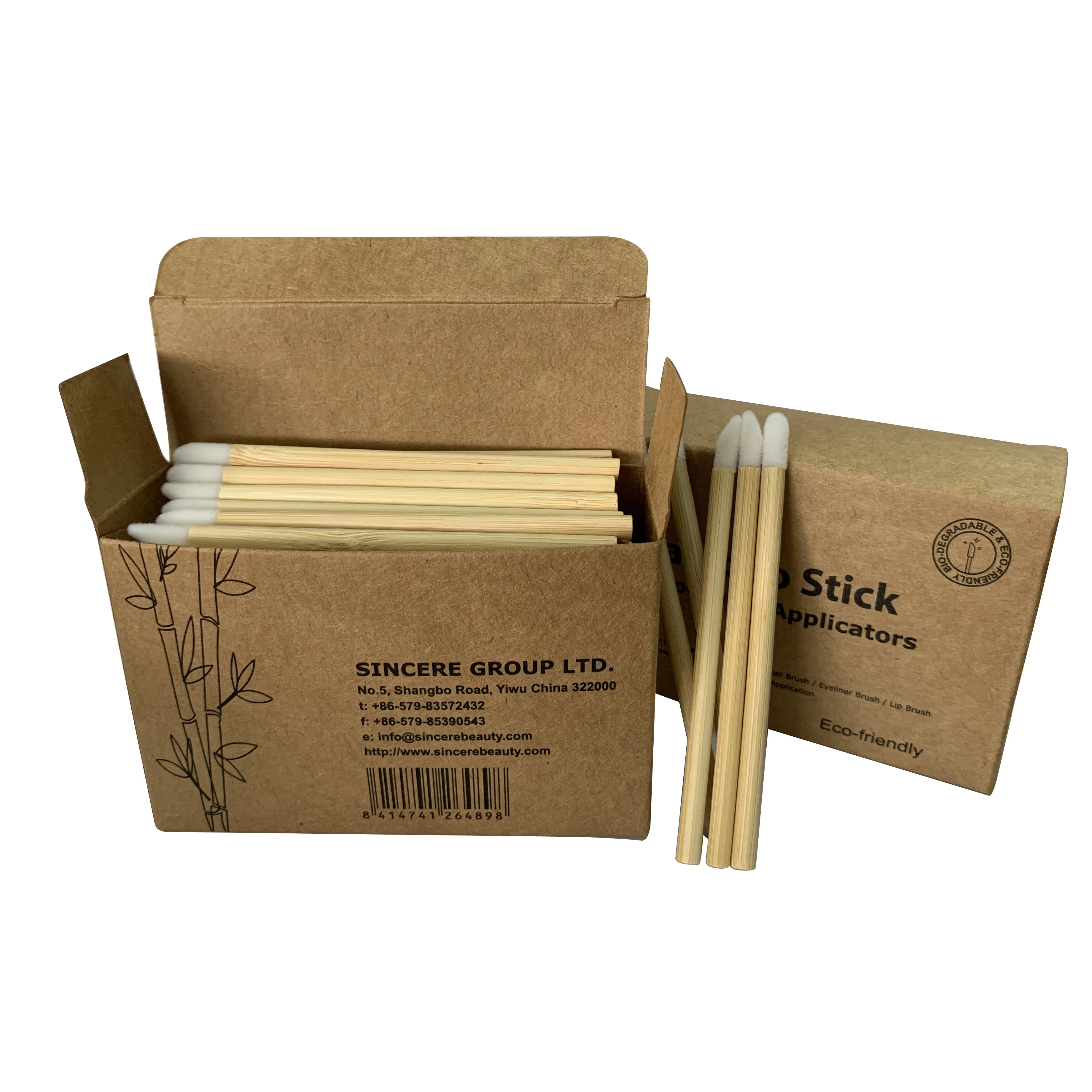 100 Counts Eco-friendly Bamboo Stick Handle Lip Gloss Brush with Flocked Doe Foot Lint-free Applicator in Kraft Box