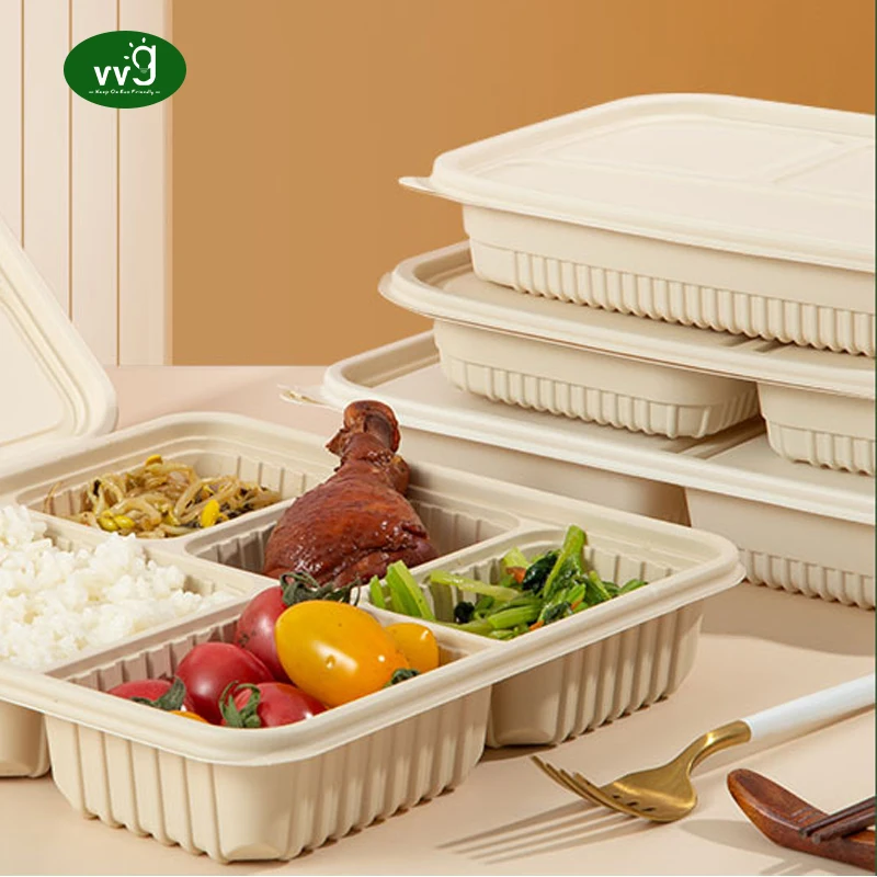 VVG corn starch disposable lunch box 5 compartment biodegradable disposable takeaway cornstarch food container with lid