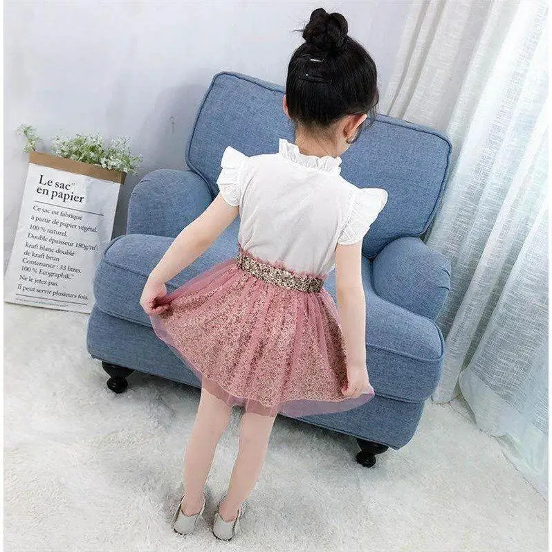 Hao Baby 2022 Summer Models Children Girls Boutique Clothing Sets Short-Sleeved Suit Kid Bow Knit Short Skirt Two-Piece Set
